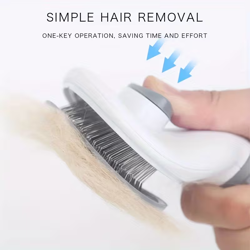 White self-cleaning grooming brush removing loose pet fur